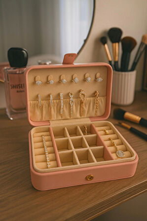 Deri Baklava Desenli Seyahat Takı Bijuteri Mücevher Kutusu Organizer Düzenleyici 16cm Pembe İthal Ürün