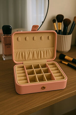 Deri Baklava Desenli Seyahat Takı Bijuteri Mücevher Kutusu Organizer Düzenleyici 16cm Pembe İthal Ürün