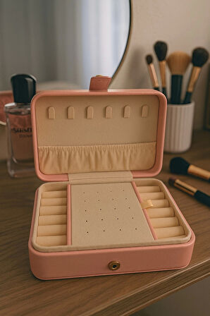 Deri Baklava Desenli Seyahat Takı Bijuteri Mücevher Kutusu Organizer Düzenleyici 16cm Pembe İthal Ürün