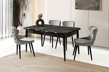 Ortadan Açılır Büyüyen 80x130cm Mermer Desenli Ahşap Salon Yemek Masa Gri Sandalye Takımı 4 Sandalyeli