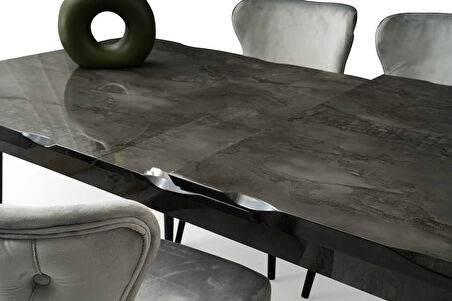 Ortadan Açılır Büyüyen 80x130cm Mermer Desenli Ahşap Salon Yemek Masa Gri Sandalye Takımı 4 Sandalyeli