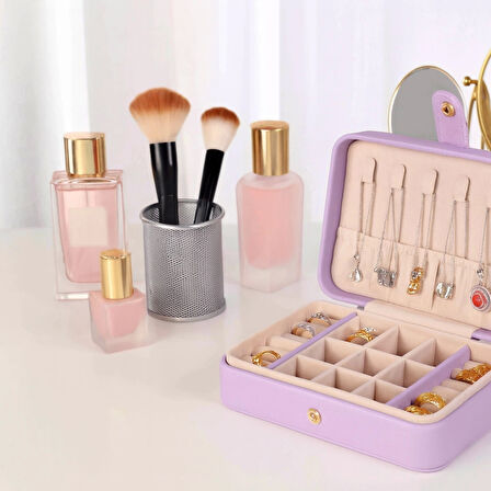 Deri Baklava Desenli Seyahat Takı Bijuteri Mücevher Kutusu Organizer Düzenleyici 16cm Lila İthal Ürün