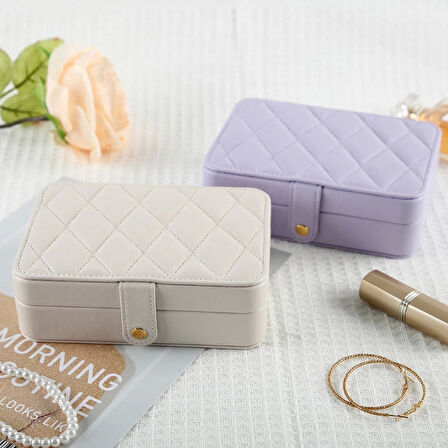 Deri Baklava Desenli Seyahat Takı Bijuteri Mücevher Kutusu Organizer Düzenleyici 16cm Lila İthal Ürün