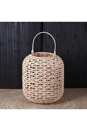 Dekoratif Silindir Örme Rattan Fener 25 cm