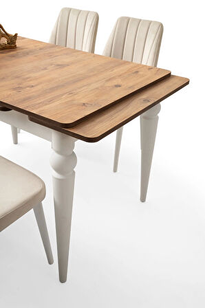Ahşap Salon Yemek Masa Sandalye Takımı 1 Bench 4 Sandalyeli Yandan Açılır Büyüyen Meşe 60x90cm