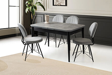 Ortadan Açılır Büyüyen 60x100cm Gümüş Gri Ahşap Salon Yemek Masa Gri Sandalye Takımı 4 Sandalyeli