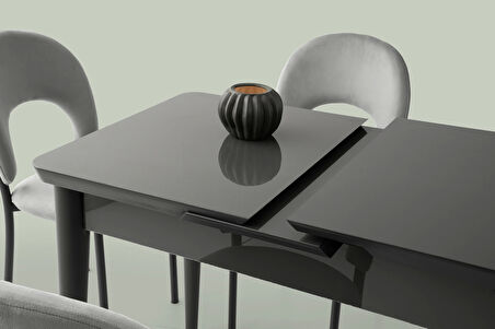 Ortadan Açılır Büyüyen 60x100cm Gümüş Gri Ahşap Salon Yemek Masa Gri Sandalye Takımı 4 Sandalyeli