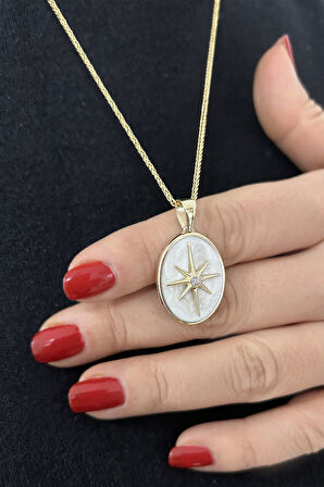 Kuzey Yıldızı Oval Madalyon Sedef Mineli Altın Kolye