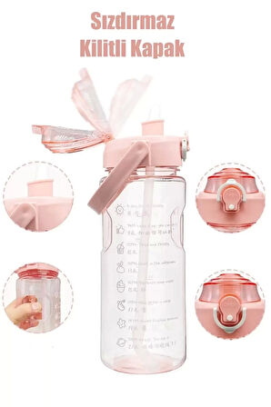 2'li Motivasyonel Su Matarası Tritan Sporcu Su Şişesi Suluk Stickerlı Pipetli Suluk 900+500ml