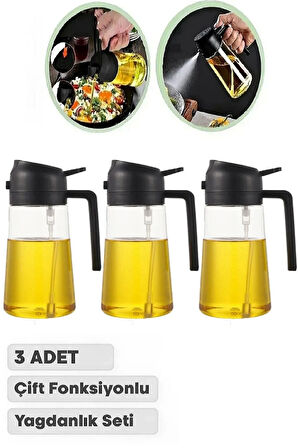 3 Adet Çift Fonksiyonlu Yağdanlık 550ml Zeytinyağı Sıvıyağ Cam Şişe Sprey Airfryer Yağlık Sirkelik