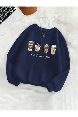 Unisex Butcoffee Baskılı Bisiklet Yaka Sweatshirt