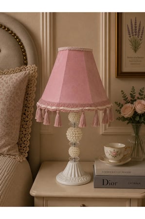 Pembe Kadife Vintage Abajur İncili Beyaz Metal Ayak AB07498