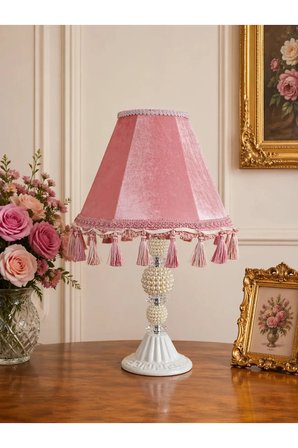 Pembe Kadife Vintage Abajur İncili Beyaz Metal Ayak AB07498