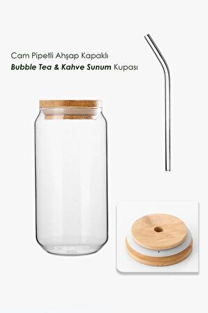 Bambu Kapaklı Isıya Dayanıklı Cam Pipetli 550 ml Meşrubat Kahve Sunum Bardağı | 2 Adet