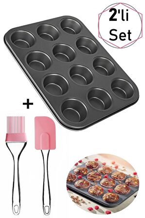 Muffin 12 Li Kek Kalıbı & Fırça Spatula Set Pasta Kek Çörek Hazırlama Pişirme 2 Li Set