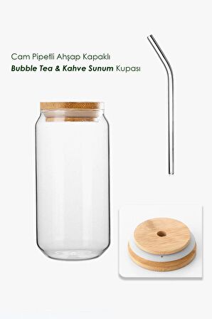 Isıya Dayanıklı Cam Pipetli Ahşap Kapaklı Bubble Tea Ve Borosilikat Bardak | 2 Adet