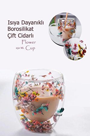 Çift Cidarlı Çiçekli Kulpsuz Bardak Isıya Dayanıklı Borosilikat  Kahve Sunum Bardağı 250 ML