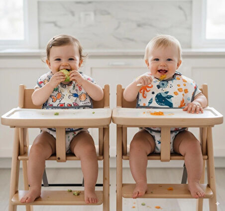 Yorni , 2 Adet, Ekonomik Set, 6-24AY, Family ve Sea Desen, Sıvı Geçirmeyen, Cepli, Cırtlı Mama Önlüğü, Önlük