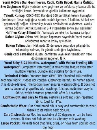 Yorni , 2 Adet, Ekonomik Set, 6-24AY, Family ve Sea Desen, Sıvı Geçirmeyen, Cepli, Cırtlı Mama Önlüğü, Önlük