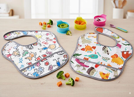 Yorni , 2 Adet, Ekonomik Set, 6-24AY, Zoo ve Family Desen, Sıvı Geçirmeyen, Cepli, Cırtlı Mama Önlüğü, Önlük