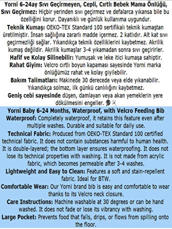 Yorni, 2 ADET, Ekonomik SET, 6-24ay, Zoo ve Sea Desen, Sıvı Geçirmeyen, Cepli, Cırtlı Mama Önlüğü, Önlük