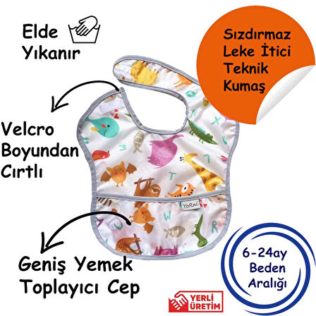 yorni 6-24ay, Zoo, Boyundan Cırtlı, Sıvı Geçirmez, Cepli, Makinede Yıkanabilir, Bebek Mama Önlüğü