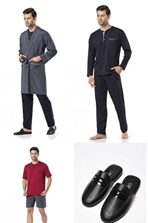 5'li Lacivert Damat Robdöşambr Ve Pijama Takımı Terlik Hediyeli
