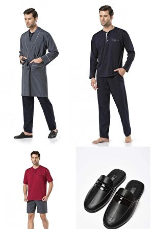 5'li Lacivert Damat Robdöşambr Ve Pijama Takımı Terlik Hediyeli
