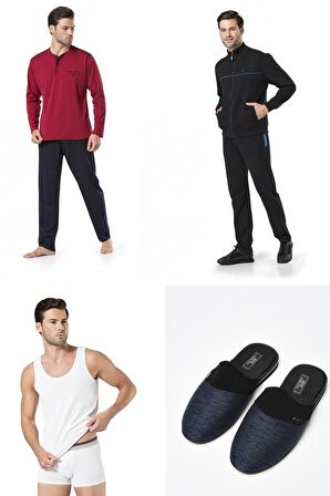 4'lü Lacivert Eşofman Ve Pijama Takımı Terlik Atlet Boxer Seti Hediyeli