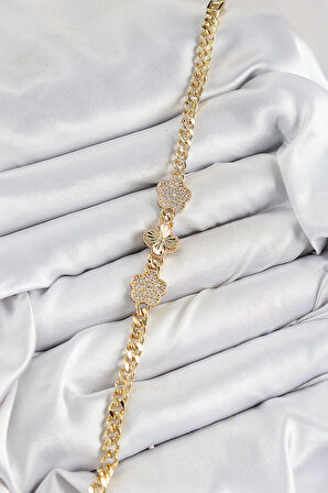 Pirinç Zirkon Taşlı Yonca Model Gold Renk Kadın Bileklik - TJ-BB7547