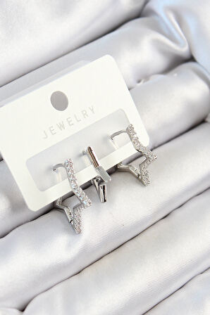 Pirinç Zirkon Taşlı Yıldız Model Gümüş Renk 3'lü Çift Kadın Küpe Set - TJ-BKP10798