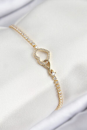 Pirinç Zirkon Taşlı Sonsuzluk Kalp Model Gold Renk Kadın Bileklik - TJ-BB7693