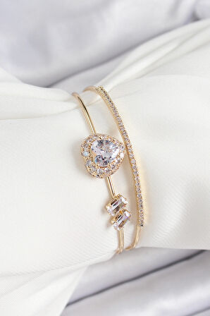 Pirinç Gold Renk Kalpli Zirkon Taşlı Kadın Bileklik - TJ-BB7061