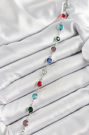 Pirinç Gümüş Renk Karışık Renk Zirkon Taşlı Kadın Bileklik - TJ-BB7046