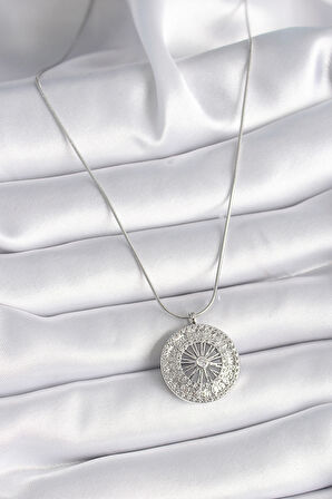 316L Çelik Gümüş Renk Zirkon Taşlı 12 Burç Madalyon Model Kadın Kolye - TJ-BKO9541