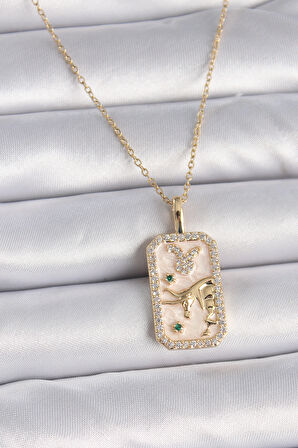316L Çelik Gold Renk Zincir Boğa Burcu Zirkon Taşlı Kadın Kolye - TJ-BKO9466