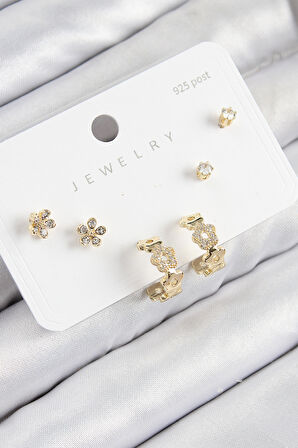 Pirinç Zirkon Taşlı Halka Model Gold Renk 925 Ayar Gümüş Çivi Kadın Küpe Set - TJ-BKP11186