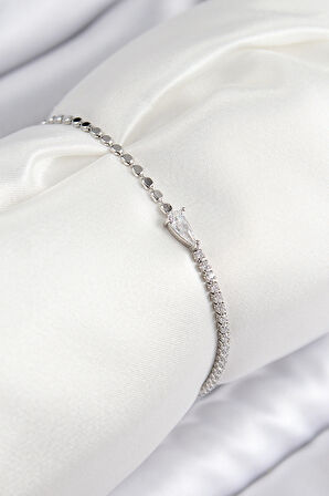 Pirinç Zirkon Taşlı Damla Model Ezme Zincir Gümüş Renk Kadın Bileklik - TJ-BB7590