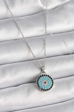 316L Çelik Gümüş Renk Zincir Nazar Boncuk Madalyon Model Kadın Kolye - TJ-BKO9485