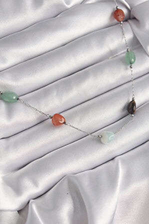 316L Çelik Gümüş Renk Zincir Renkli Doğaltaş Model Kadın Kolye - TJ-BKO9660