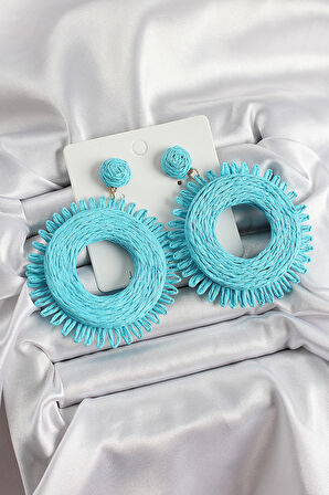 Mavi Püsküllü Halka Figürlü Hasır Örgü Model Gold Renk Kadın Küpe - TJ-BKP10709