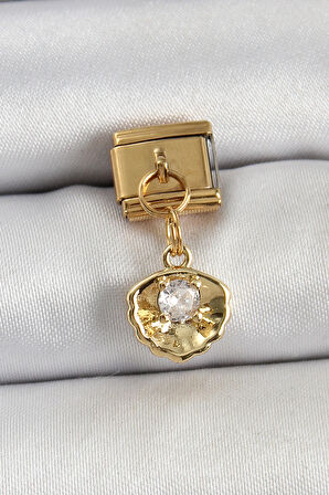 316L Çelik Sallantılı Zirkon Taşlı İstiridye Model Gold Renk Nomination Charm - TJ-BC1426