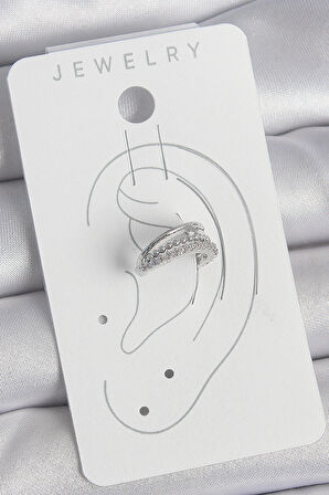 Pirinç Gümüş Renk Zirkon Taşlı 3'Lü Sıralı Kadın Kıkırdak Küpe - TJ-BKP10554