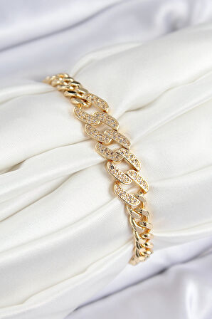 Pirinç Zirkon Taşlı Ezme Küba Zincir Model Gold Renk Kadın Bileklik - TJ-BB7549