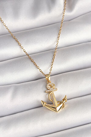 316L Çelik Gold Renk Zincir Zirkon Taş Detaylı Çapa Model Kadın Kolye - TJ-BKO9950
