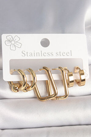316L Çelik Gold Renk Halka Kare Model Kadın Küpe Seti - TJ-BKP10385