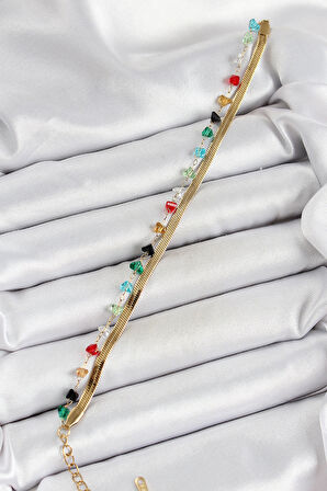 316L Çelik Gold Renk Kristal Karışık Renkli Taşlı 2'li Kadın Bileklik - TJ-BB7092