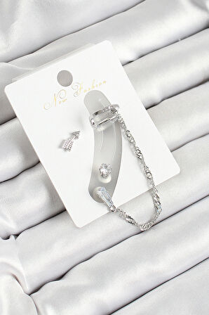 Pirinç Ok Figürlü Zirkon Taşlı Gümüş Renk 3'lü Kıkırdak Kadın Küpe Set - TJ-BKP10663