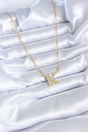 316L Çelik Gold Renk K Harf Model Zirkon Taşlı Kadın Kolye - TJ-BKO7712