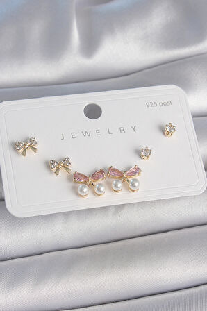 Pirinç Gold Renk Pembe Zirkon Taşlı Fiyonk Model İnci Detay 925 Ayar Gümüş Çivi Kadın Küpe Seti - TJ-BKP10484